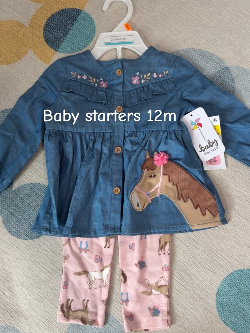 Baby Starters Blue Denim-Look Horse Top with Pink Horse Leggings
